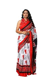 White Red Indian Holy Festival Paglia Aunthentic Design Pure Cotton Mulmul Printed Sarees