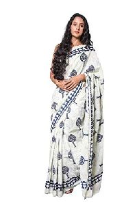 White with Paan Design Pure Cotton Mulmul Printed Sarees