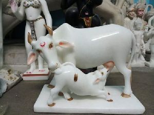 Marble Kamdhenu Cow Calf Statue