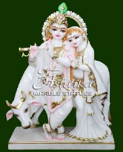 Marble Radha Krishna With Cow Statue
