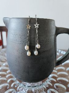 Star Double Pearl Drop Silver Earrings
