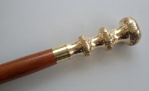 Brass Knob Style Golden Handle Brown Wooden Walking Stick