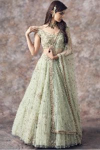 Light Pista Green Nylon Net Ruffle Lehenga Choli