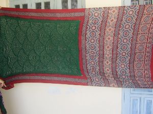 gaji silk bandhani saree with azarkh block print