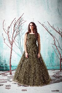 OLIVE GREEN NET PARTY WEAR GOWN SEMI STITCHED