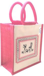 Printed Lunch Bags Eco-friendly Jute & Canvas Fabric ( Adivasi 2 Colour Print)