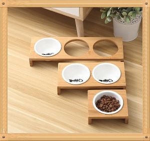 Wooden Dog & Cat Food Bowl With Stand