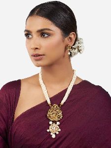 Gold Goddess Laxmi Pendant Set with Shell Pearl Strings and Pearl Drops
