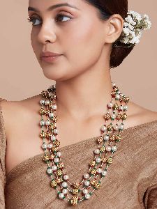Gold Zari Thread Necklace With Antique Beads And Shells Pearls