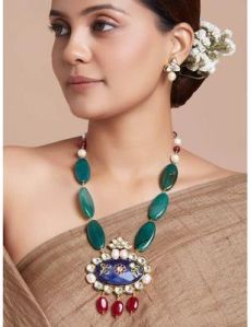 Green And Blue Necklace Set With Hydro Polki