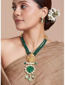 Green Necklace Set With Goddess Laxmi Temple Pendant