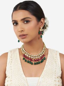 Multicolor Kundan Polki Necklace Set with Hydro Rubies and Emerald Drops