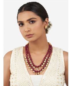 Red and Gold Kundan Polki Necklace Set with Hydro Polki and Ruby Drops