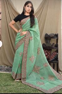 Ajrakh Print Saree with Applique