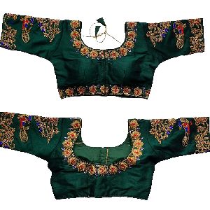 Women\'s peacock Design Embroidered Phantom Silk Blouse With Round Neck dark green Blouse