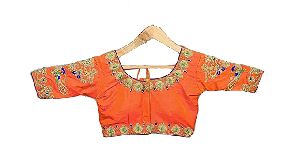 Women\'s peacock Design Embroidered Phantom Silk Blouse With Round Neck Blouse orange