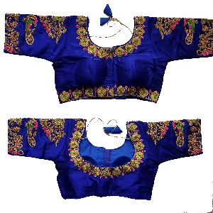 Women\'s peacock Design Embroidered Phantom Silk Blouse With Round Neck Royal-BlueBlouse
