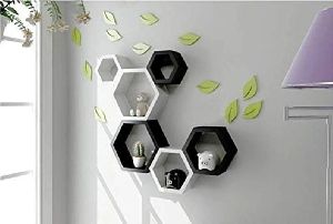 Wooden Black & White Hexagon Wall Shelf