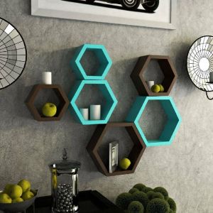 Wooden Brown & Green Hexagon Wall Shelf