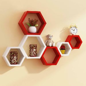 Wooden Red & White Hexagon Wall Shelf