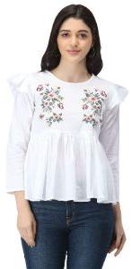 TR099 White Cotton Embroidered Tops