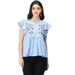 TR104 Sky Blue Cotton Embroidered Tops
