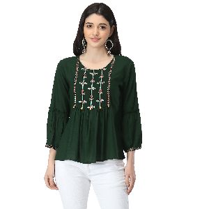 TR106 Green Rayon Embroidered Tops
