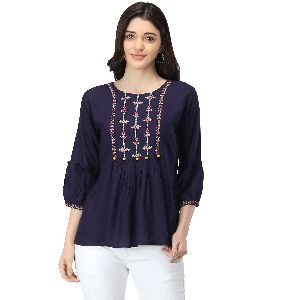 TR106 Nevy Blue Rayon Embroidered Tops