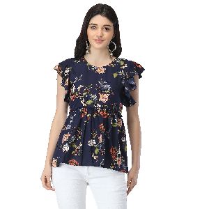 TR112 Blue Crepe Embroidered Tops