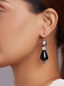 Black Onyx Drop Earrings With Shell Pearls