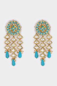 Blue Gold Tone Kundan Earrings with Turquoise Drops