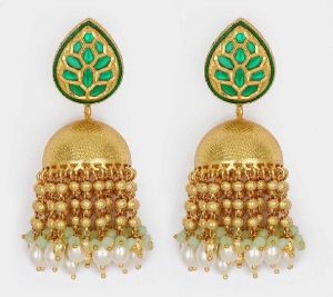 Green Gold Tone Kundan Jhumka Earrings