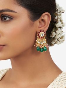 Pink Green Gold Tone Kundan Earrings