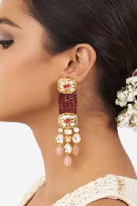 Red Gold Tone Kundan Earrings with Pink Jade Beads