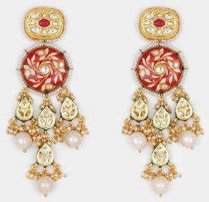 Red Gold Tone Kundan Earrings with White Pearl