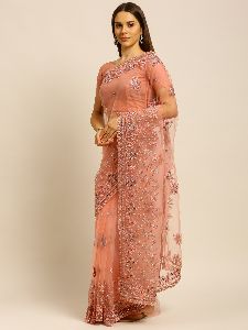 1216 Net Pink Thread Zari Work Embroidered Saree