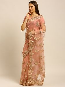 1297 Net Peach Multi Thread Coding Work Embroidered Saree