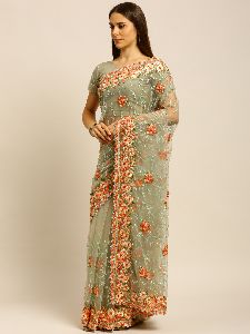 1405 Net Green Thread Embroidered Saree