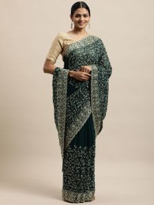 1452 Georgette Petrol Blue Embroidered Saree