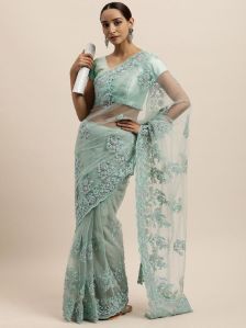 1456 Net Sky Blue Embroidered Saree