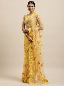 1485 Net Yellow Embroidered Saree