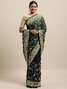 1494 Georgette Bottle Green Embroidered Saree