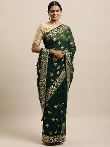 1498 Georgette Bottle Green Zari Embroidered Saree