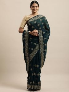 1498 Georgette Petrol Blue Zari Embroidered Saree