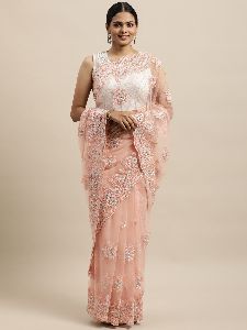 1541 Net Peach Embroidered Saree