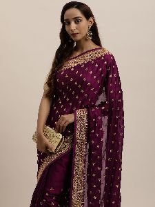 1601 Rangoli Wine Zari Embroidered Saree