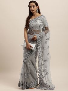 Net Grey Thread Embroidered Saree