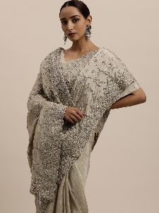 Chinon Grey Silk Embroidered Saree