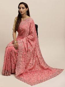 Chinon Pink Silk Embroidered Saree