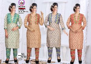 Ladies Cotton Printed Kurti Pant Set with Koti